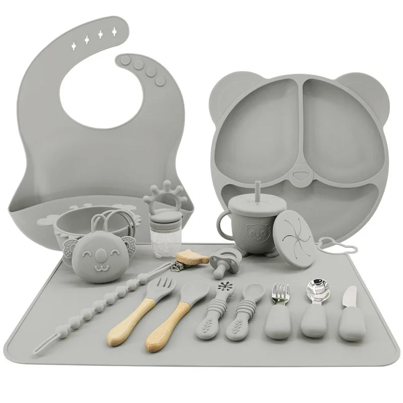 Silver 17-piece All-In-One Silicone Baby Feeding Set | Baby Utensils