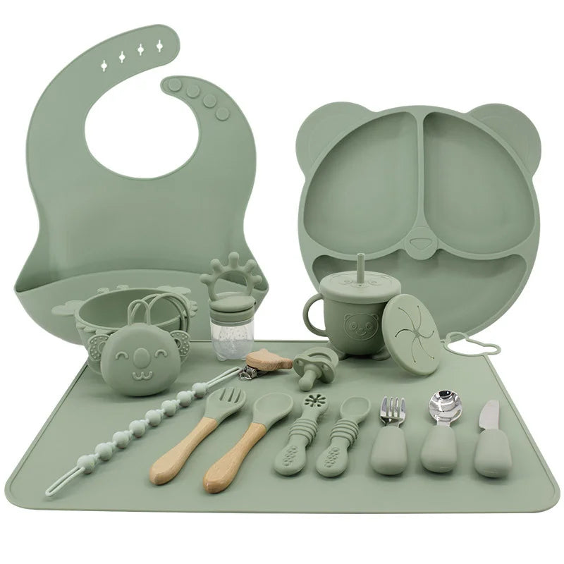 Matcha Green 17-piece All-In-One Silicone Baby Feeding Set | Baby Utensils