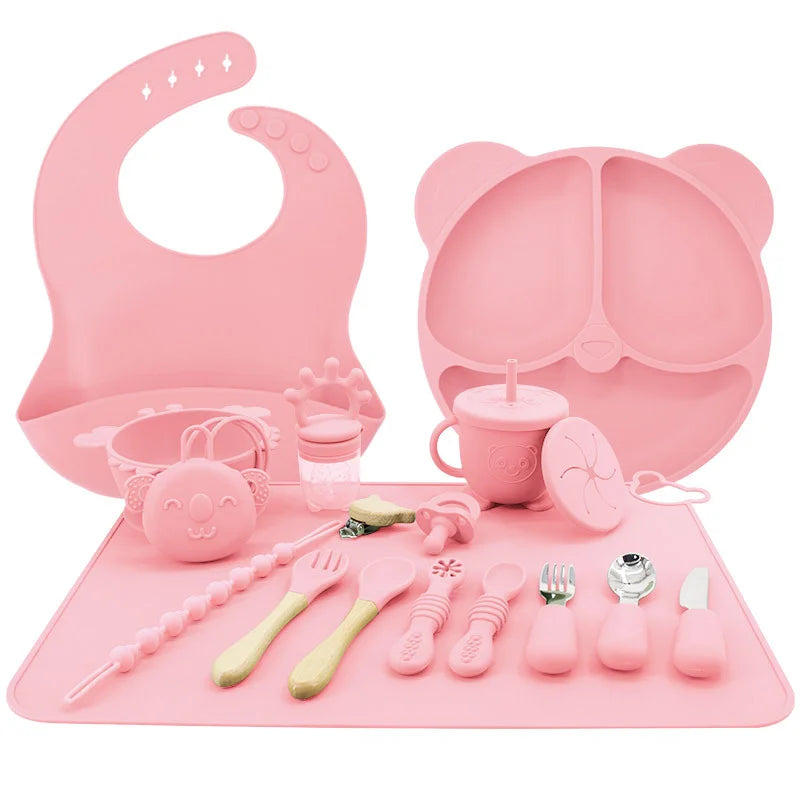 Light pink 17-piece All-In-One Silicone Baby Feeding Set | Baby Utensils