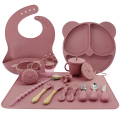 Dark pink 17-piece All-In-One Silicone Baby Feeding Set | Baby Utensils