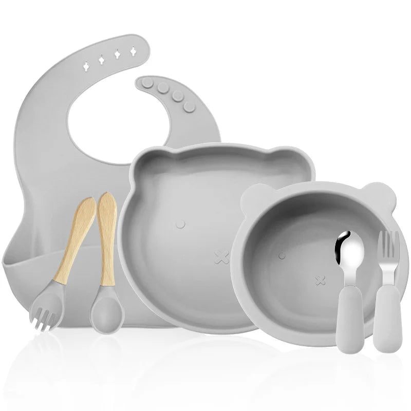 Silver 7-piece silicone bibs and bowls set | Baby utensils