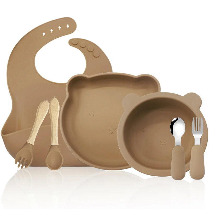 brown 7-piece silicone bibs and bowls set | Baby utensils