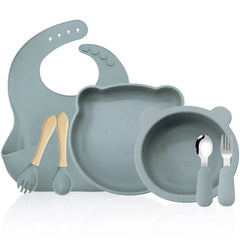 Dark Gray 7-piece silicone bibs and bowls set | Baby utensils