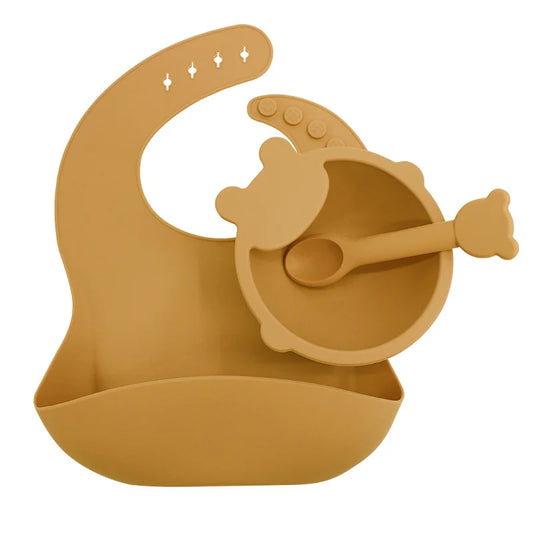 Gold 3-piece Silicone Bib and Bowl Set | Baby Feeding Set