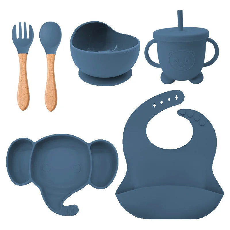 6 Pieces Dark Blue Silicone Baby Feeding Set | Anti Slip Baby Utensils