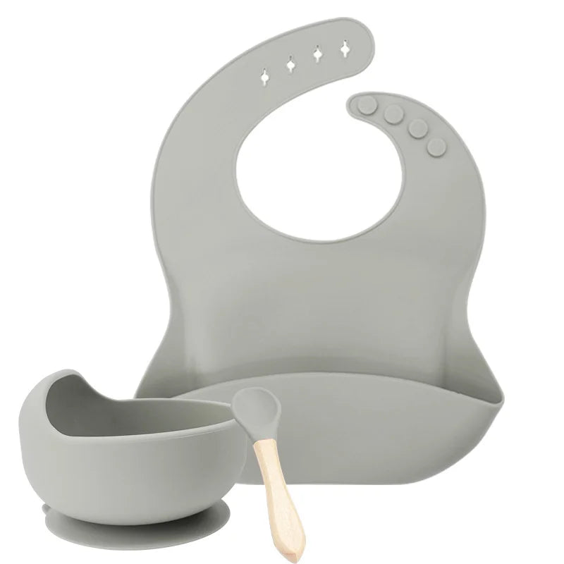 Grey 3-Piece Baby Feeding Set | Silicone Bib and Bowl