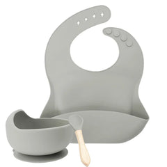 Grey 3-Piece Baby Feeding Set | Silicone Bib and Bowl