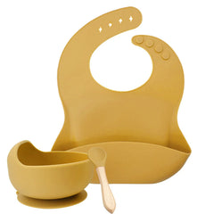Mustard 3-Piece Baby Feeding Set | Silicone Bib and Bowl