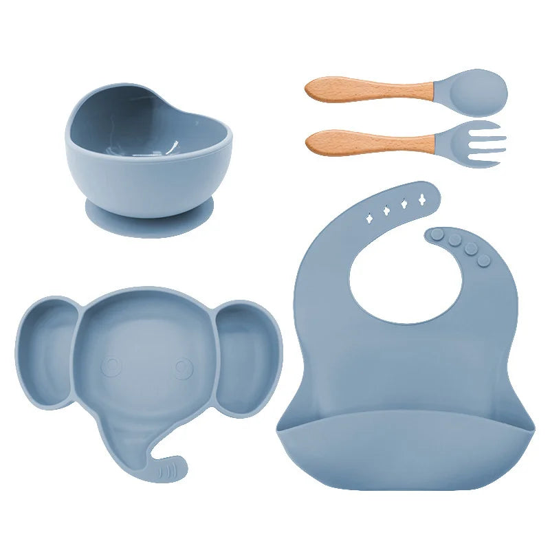 5 Pieces Light Blue Silicone Baby Feeding Set | Anti Slip Baby Utensils