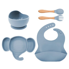 5 Pieces Light Blue Silicone Baby Feeding Set | Anti Slip Baby Utensils