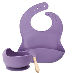Purple 3-Piece Baby Feeding Set | Silicone Bib and Bowl