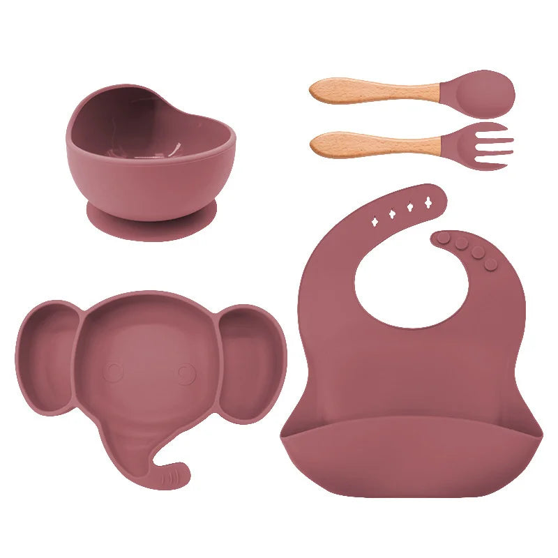 5 Pieces Dark pink Silicone Baby Feeding Set | Anti Slip Baby Utensils