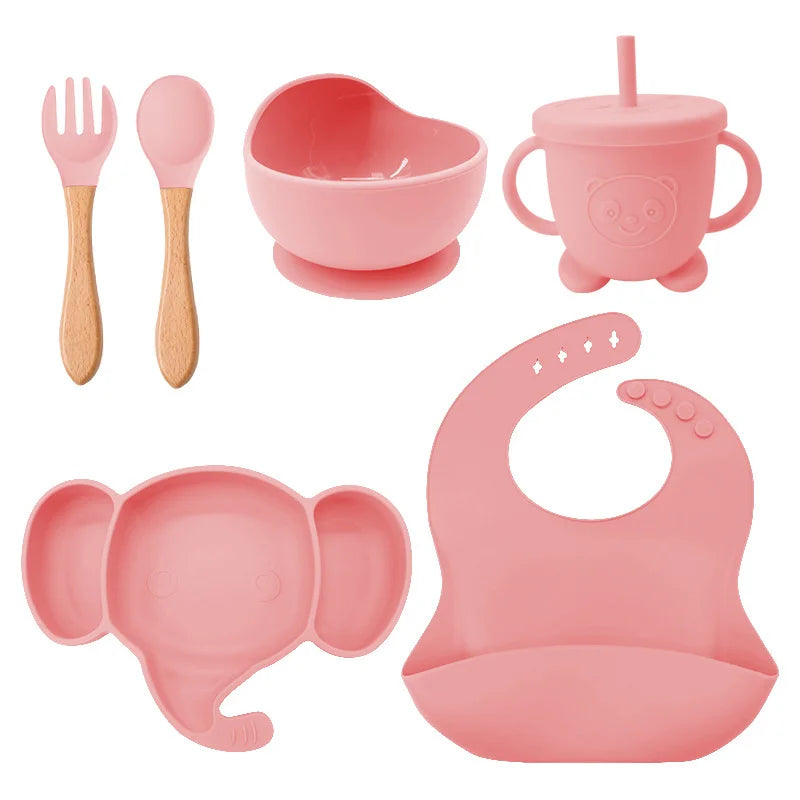 6 Pieces Pink Silicone Baby Feeding Set | Anti Slip Baby Utensils