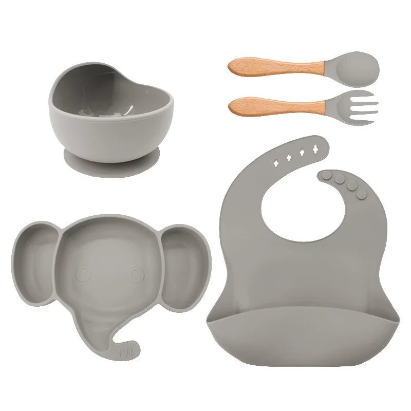 5 Pieces Dark Gray Silicone Baby Feeding Set | Anti Slip Baby Utensils