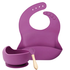 Dark Purple 3-Piece Baby Feeding Set | Silicone Bib and Bowl