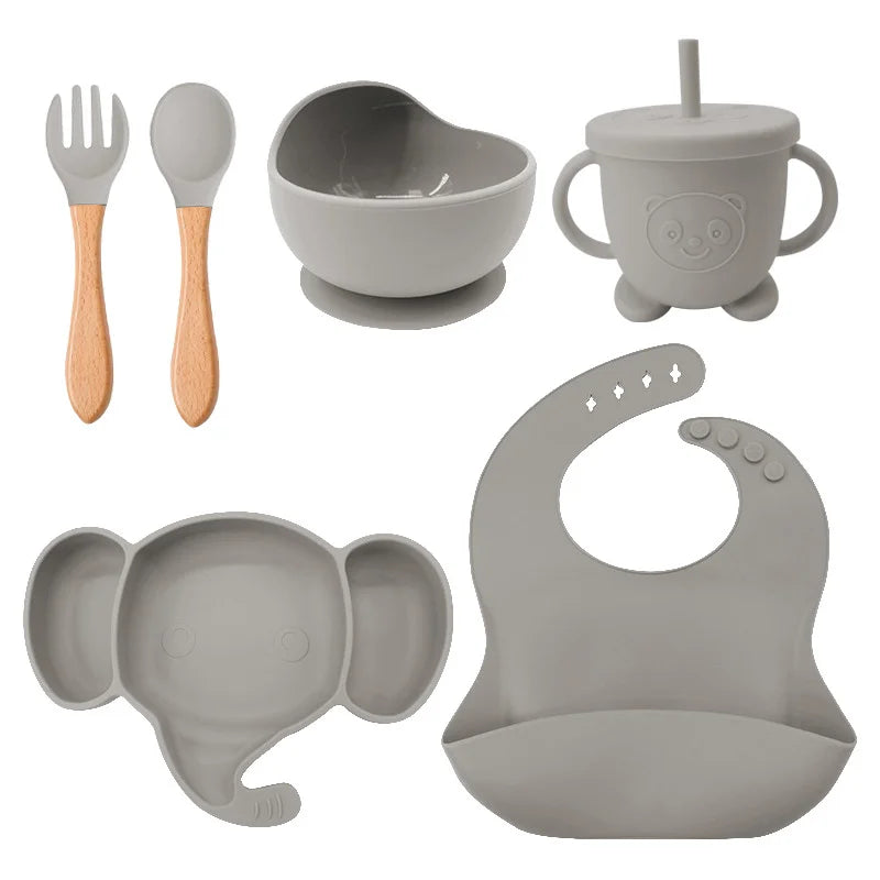 6 Pieces Dark Gray Silicone Baby Feeding Set | Anti Slip Baby Utensils
